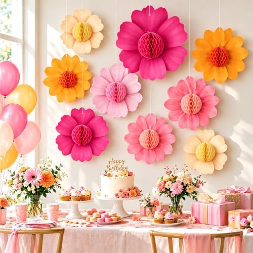SUNBEAUTY Pink Orange Party Decorations, 9Pcs Paper Flowers Honeycomb Hanging Decor Tissue Flower Pom Poms for Girl Women Birthday Groovy Sunset Party Fall Bridal Shower Wedding Classroom - Image 2