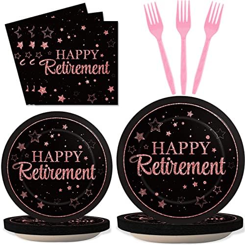 Wiooffen 96 Pcs Retirement Party Plates Napkins Tableware Set Rose Gold Happy Retirement Supplies Disposable Retired Graduation Dinnerware Decoration Favors for Women, 24 Guests by Wiooffen