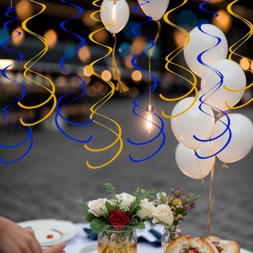 Ceiling Swirl Foil Decorations Hanging Plastic Streamer Themed Swirl Party for Graduation Celebration, Pack of 28 (Blue and Gold) - Image 6