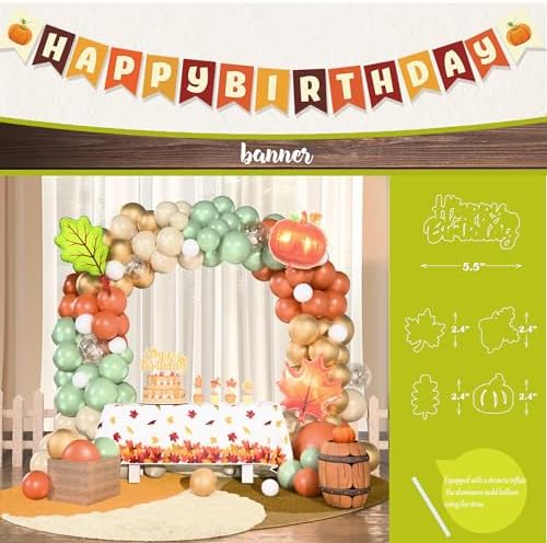 Fall Birthday Party Decorations, Orange Green Pumpkin Fall Birthday Supplies, Thanksgving Party Kit Autumn Maple Leaf Backdrop Balloon Arch Banner Tabelcloth Harvest Party Decorations - Image 7