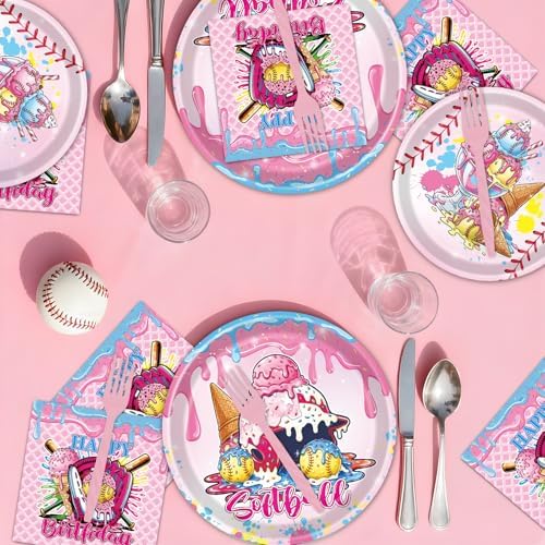 Softball Ice-Cream Party Decorations - 96 PCS Softball Party Paper Plates Napkins Forks Tableware Decoration, Sports Ice-Cream Drip Birthday Disposable Dinnerware Decor Supplies 24 Guests - Image 6
