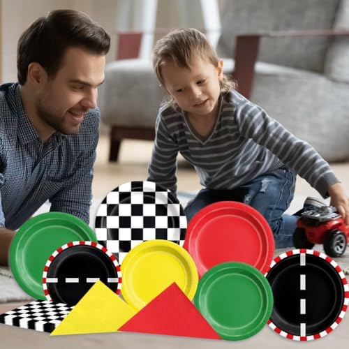 CMUSKO Race Car Birthday Party Decorations - 60Pcs Traffic Light Plates & Napkins Kit Road Checkered Flag Tableware for Boy Party Supplies - Image 3