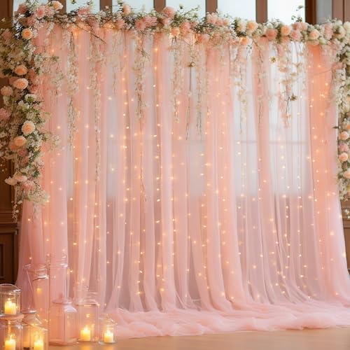 10x10ft Peach Tulle Backdrop Curtain with Lights String for Parites, Sheer Photo Backdrop Curtains for Wedding Baby Shower Birthday Party Photo Shoot Background Decorations by Partisky