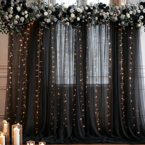 10ft x 8ft Black Backdrop Curtain with Lights String for Parties, Sheer Tulle Wedding Photo Backdrops Drapes for Baby Shower Birthday Party Decorations Background for Photography - Image 5