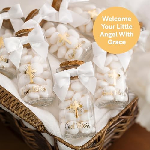 Ethisa Vintage 12 Pack Baptism Glass Bottles with Ribbons and Stickers - Classy God Bless Party Favors for Baptism and 1st Communion - Bautizo Table Centerpiece Decoration - Baby Christening Candy Jar - Image 3
