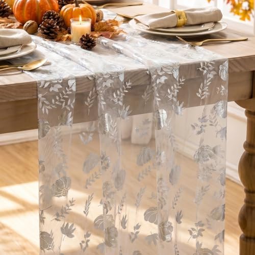 Artoid Mode Fall Gauze Table Runner 120 Inch, Metallic Foil Leaves by ArtoidMode
