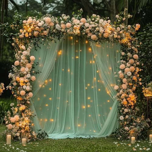 Green Tulle Backdrop Curtains with Lights 10x8ft Sheer Curtain Backdrop - Image 5