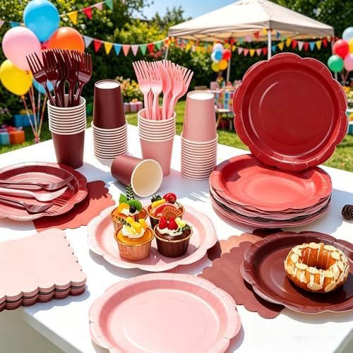 Pink and Burgundy Plates and Napkins Party Supplies, Disposable 9’’ Maroon and Brown Paper Plates and Cups and Napkins Set for Baby Shower, Birthday, Wedding, Christmas Party Decorations, Serves 48 - Image 5