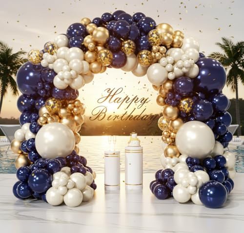 Navy Blue Gold Balloon Arch Garland Kit 153pcs, Double Stuffed Pearl White Royal Blue Chrome Gold Confetti Balloons for Birthday Graduation Baby Shower New Year Bridal Wedding Party Decoration - Image 5