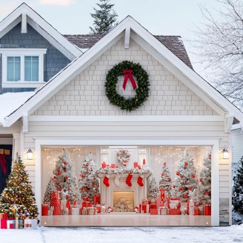 HOMETITUTE Christmas Fireplace Garage Door Cover Banner 13x6ft Fabric by HOMETITUTE