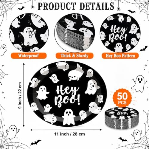 50 Pcs Halloween Oval Hey Boo Paper Plates, 11 x 9 Inch - Image 2