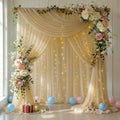 20 FT x 8 FT Champagne Backdrop Curtain - Tulle Backdrop Curtain with 9.8FT Lights String - Sheer Backdrop Curtains with 4 Inch Rod Pockets for Birthday Weddings Baby Shower Party Decorations by Creativepartyuniquedecorat