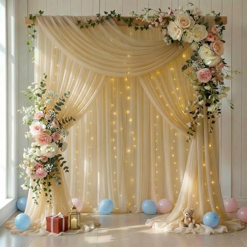 20 FT x 8 FT Champagne Backdrop Curtain - Tulle Backdrop Curtain with 9.8FT Lights String - Sheer Backdrop Curtains with 4 Inch Rod Pockets for Birthday Weddings Baby Shower Party Decorations by Creativepartyuniquedecorat