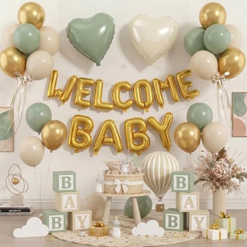 Sage Green Gold Baby Shower Decorations, WELCOME BABY Letter Foil Balloons Banner Backdrop Set with Olive Green Beige Apricot Latex & Heart Balloon for Newborn Infant Babyboy Babygirl Party Decor by KYGNE