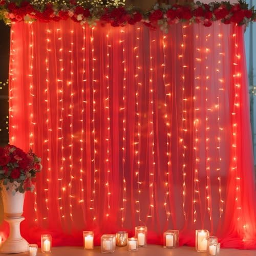 30ft x 10ft Red Backdrop Curtain with Lights String for Parties, Sheer Tulle Wedding Photo Backdrops Drapes for Baby Shower Birthday Party Decorations Background for Photography - Image 3