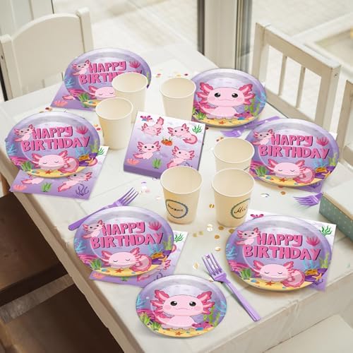 100 Pcs Axolotl Birthday Party Supplies Pink Axolotl Disposable Paper Plates Forks Tableware Sets Cute Cartoon Reptile Animals Happy Birthday Decorations for Kids Girls Baby Shower Serve 25 Guests - Image 6