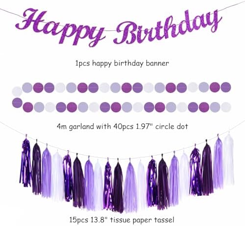 Purple-Lilac Lavender-White Happy Birthday Party-Decorations - 31pcs 20th Women Girls Paper Lanterns Streamers Banner,Tissue Pom Poms Decor,Flower Fans Tassels Graland Backdrop Supplies Hugmoon - Image 3