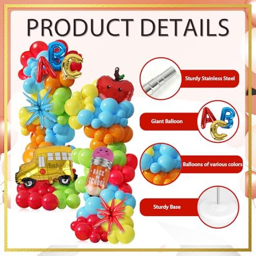 2 Sets Back to School Decorations Adjustable Balloons Column Stand Kit Kindergarten Graduation Decor with Pencil Schoolbus Apple Foil Balloons for First Day of School Tower Party Decorations - Image 4