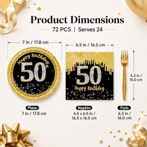 72 Pcs 50th Birthday Plates Napkins and Forks Set, 7 Inch, Back Gold - Image 2