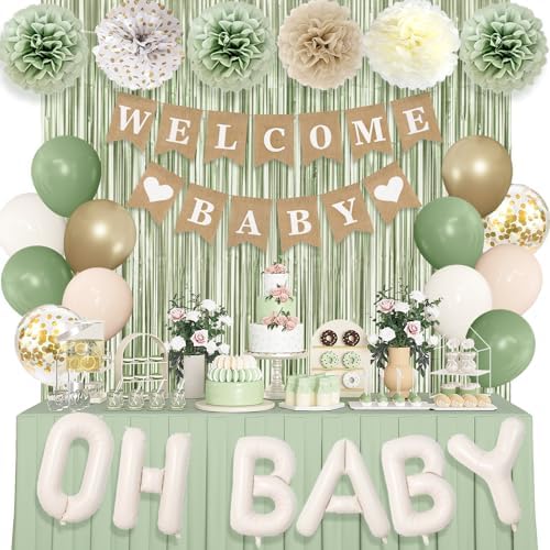 Ouddy Party Sage Green Neutral Baby Shower Decorations with Fringe Curtain by OuddyParty