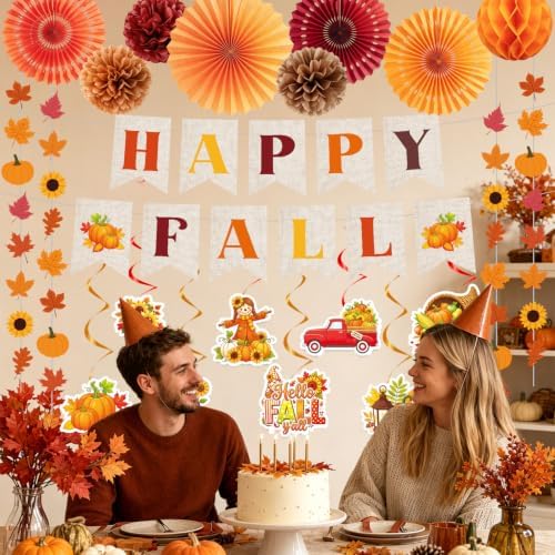 Fall Party Decorations, 22PCS Happy Fall Decoration with Banners Hanging Swirls Garland Banner Paper Fans Poms Honeycomb Ball, Maple Leaf Pumpkin Decor for Autumn Home Classroom Office Decor - Image 6