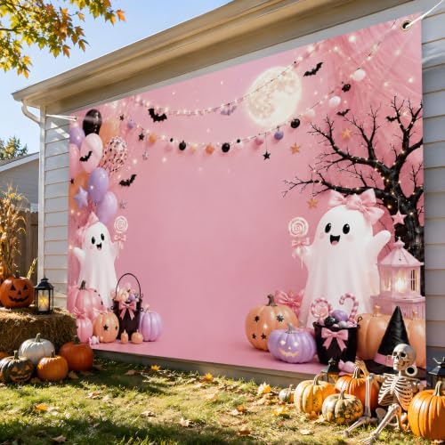 Xzentira Pink Halloween Backdrop 7x5 FT Cute Ghost Pumpkin Halloween Party Decorations Photo Booth Background for Girls Kids Adult - Image 6