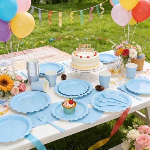 200Pcs Light Blue Party Plates and Napkins, 9’’and 7’’ Disposable Scalloped Baby Blue Paper Plates Cups Napkins Forks Set Party Supplies for Birthday, Wedding, Baby Shower Party Decorations, Serves 40 - Image 5