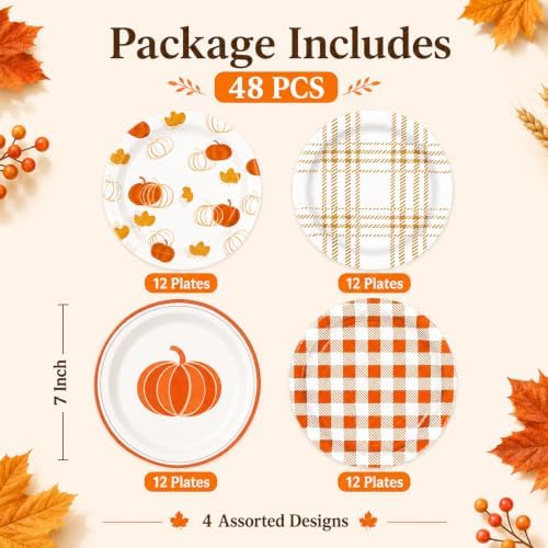 48 PCS Fall Paper Plates 7 inch, Pumpkin Orange Gingham Party Plates Disposable Cake Dessert Plate for Autumn Theme Harvest Thanksgiving Party Decorations (Fall) - Image 2