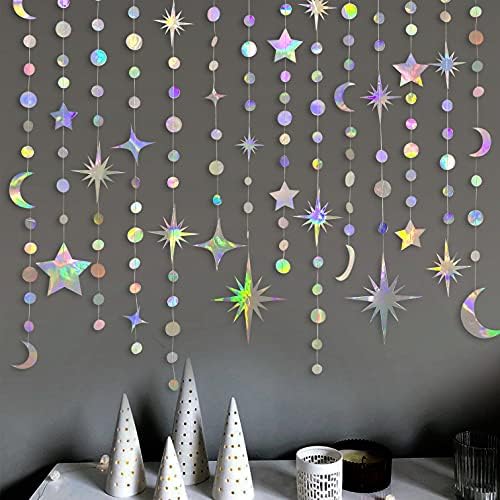Iridescent Party Decorations Holographic Star Moon Circle Dot Garland Hanging Crescent and Twinkle Little Star Streamer Bunting Banner for Birthday Ramadan EID Mubarak Euphoria Karaoke Music Decor - Image 4