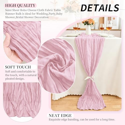 10 Pack Light Pink Cheesecloth Table Runner, 17x108 Inch Semi Sheer Boho Gauze Cheese Cloth Fabric Table Runners for Wedding Party Baby Shower Birthday Garden Farmhouse Table Decor - Image 3