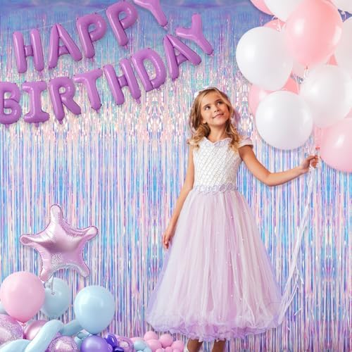 GOER 3.2 ft x 6.5 ft Metallic Tinsel Foil Fringe Curtains Party Photo Backdrop Party Streamers for Mermaid Birthday Party Decorations(3 Packs,Iridescent) - Image 4