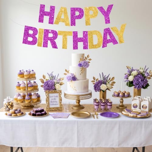 BEISHIDA Pre-Strung Purple Gold Happy Birthday Banner Party Sign Decoration - Image 4