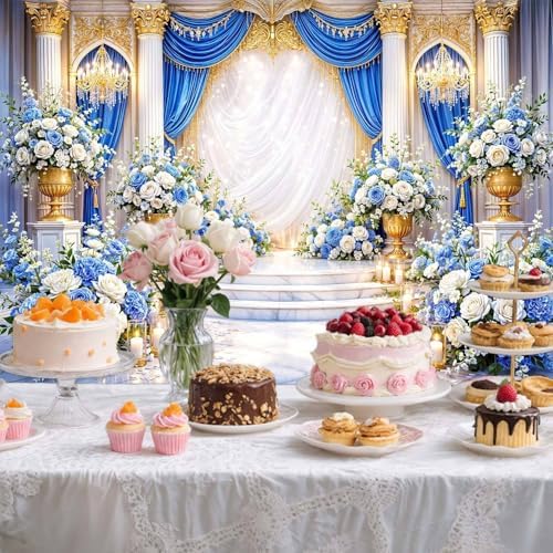 8X8ft European Palace Wedding Backdrop Blue and White Flower Wedding Party Decortions Photography Background Anniversary Birthday Baby Shower Girl Party Photo Booth Props Backdrops Wall Decor - Image 5
