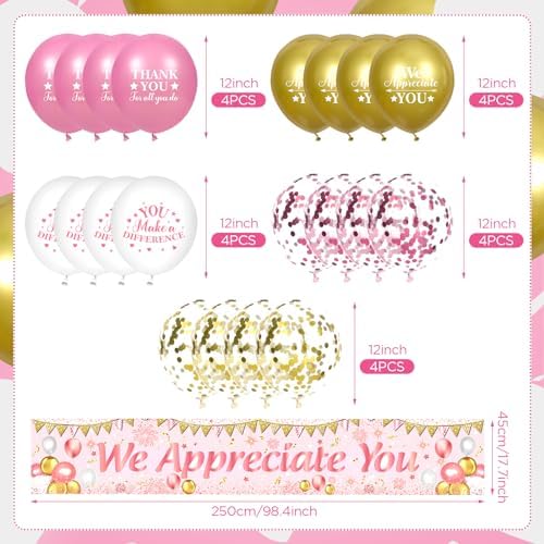 We Appreciate You Decorations Pink Gold Appreciate You Banner Yard Sign with 18 Pcs Balloons Thank You for All You Do Banner Employee Staff Appreciation Gifts Teacher Doctor Appreciation Party Decor - Image 6