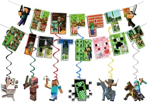 60Pcs For Pixel Birthday Party Decorations, Party Supplies Set Including Balloons, Backdrop, Banner, Tablecloth, Hanging Swirls, Cake Cupcake Toppers for Pixel Theme Party - Image 4