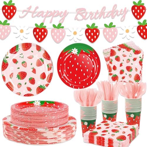 Strawberry Birthday Party Supplies Kit, Disposable Tableware, Serves 25 by OuMuaMua