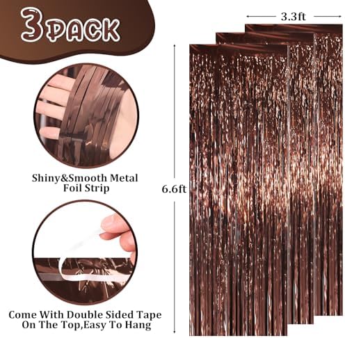 Voircoloria Brown Foil Fringe Backdrop Curtains, 3.3x6.6ft, 3pcs - Image 3