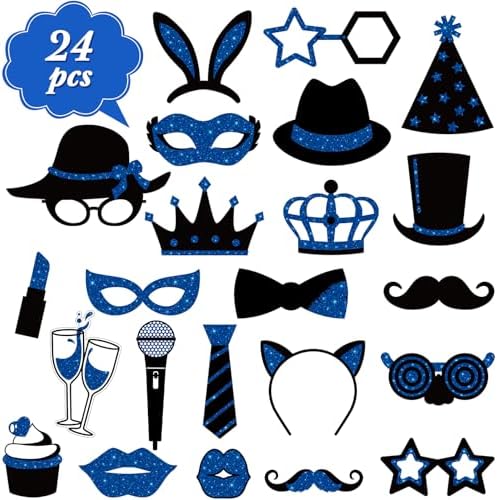 Zonon 24 Pcs Photo Booth Props Set Black Gold Birthday,Blue and Black - Image 3