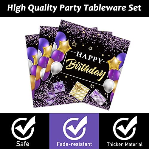 gisgfim 50 Guests Purple Birthday Party Supplies Purple and Black Plates and Napkins Forks Happy Birthday Tableware Paper Plates for Women Girl Party 200PCS - Image 4