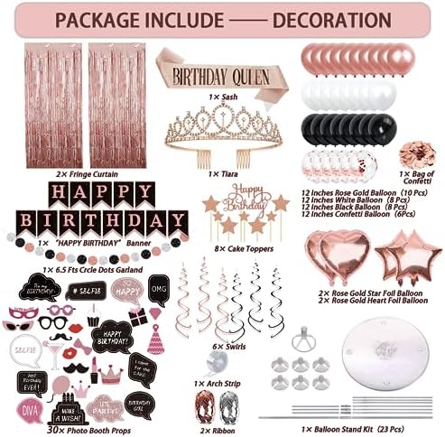 UJoyant Birthday Decorations For Women, 229 Pcs Rose Gold and Black Happy Birthday Supplies - Disposable Dinnerware Set with 25 Guest, Balloons, Sash, Tiara, Banner, Fringe Curtain, Photo Booth Props - Image 2
