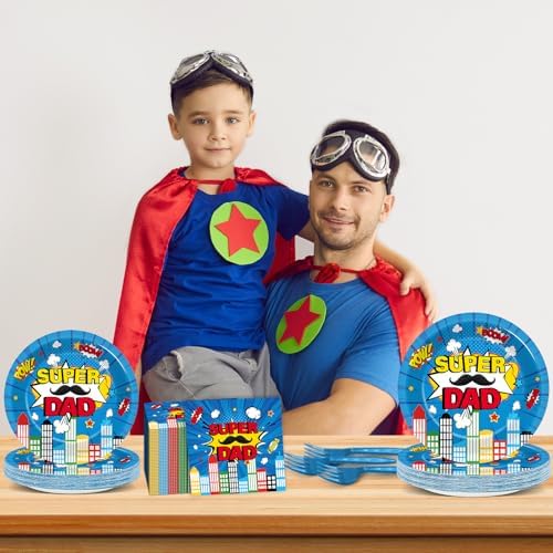 96Pcs Happy Fathers Day Paper Plates and Napkins Super Dad Party Decorations Super Theme Dessert Plates Hero Cityscape Birthday Tableware for 24 Guests Papa Grandpa Best Dad Daddy Men Party Supplies - Image 6
