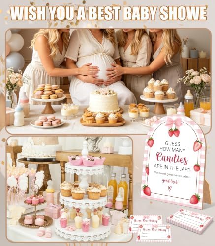 Sweet Berry Baby Shower Game, Strawberry Guess How Many Candies Are In The Jar, 6x8 Inch Arch Wooden Sign With Stand And 50 Guessing Cards, Gender Reveal Party Supplies & Decorations - JC11 - Image 6