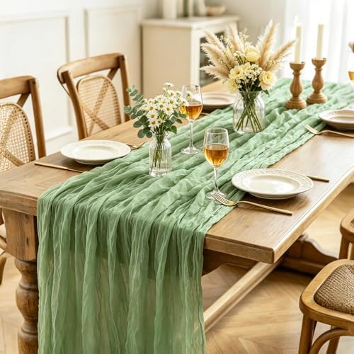 Sage Green Cheesecloth Table Runner, 10FT Rustic Green Boho Gauze Table Runner 120inch for Spring Easter Woodland Safari Baby Shower Bridal Shower Wedding Tea Party Birthday Decorations - Image 4