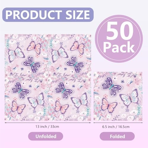50PCS Butterfly Napkins 13 x 13 Inches, Butterfly Birthday Paper NapkinsFlower Luncheon Dessert Cocktail Napkins Disposable for Spring Summer Girl Picnic Wedding Birthday Baby Shower Decorations - Image 2