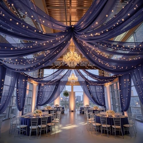 12 Panels Dark Blue Ceiling Curtains with Lights for Weddings - 5ftx30ft Wrinkle-Free Tulle Fabric Wedding Arch Draping Ceiling Drapes Decorations for Wedding Party Ceremony Stage Tent Event by Unknown
