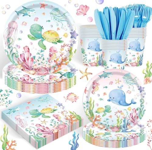120PCS Under the Sea Party Supplies for Ocean Theme Baby Shower Birthday Party Underwater World Creatures Decorations Ocean Sea Animal Plate Cup Napkin Knives Forks for 20 Guests by REJOICEBUNNY