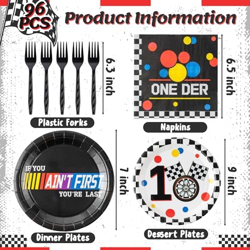 Racing Car First Birthday Party Supplies - 96pcs Paper Plates Napkins Forks Kids 1st Birthday Party Table Decorations Racing Car First Themed Disposable Cake Tableware Set for 24 Guests - Image 2