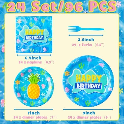 GaofanWai Ocean Pineapple Birthday Tableware - 96PCS Pineapple Party Paper Plate Set for Kid Summer Hawaii Ocean Plates Disposable Dinnerware Paper Napkins Forks for Baby Shower Party Supplies,24guest - Image 2