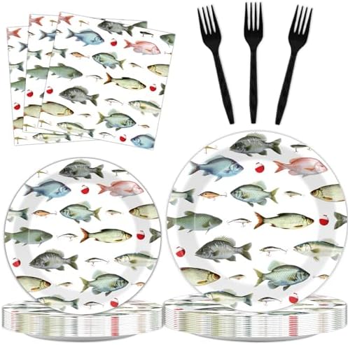 96Pcs Gone Fishing Party Plates and Napkins Fishing Themed Birthday Party Supplies for Little Fisherman Paper Dessert Plates Gone Fishing Tableware for 24 Guests for Ofishally One Party Decorations by CHUNNIN