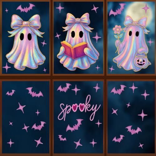 6 Sheets Halloween Window Clings Decorations Cute Ghost Bat Window Stickers Static Spooky Glass Window Sticker Decals for Home Office Classroom Party Haunted House Seasonal Decor - Image 6